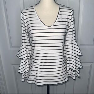 Allison Joy Black and White Striped Ruffle Bell Sleeve Boho Blouse size Small